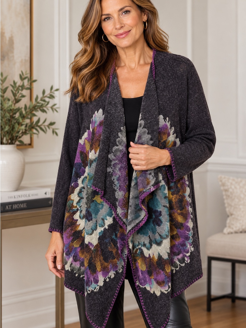 Mushka by Sienna Rose Waterfall Open Floral Knit Cardigan - Purple Teal | Size L